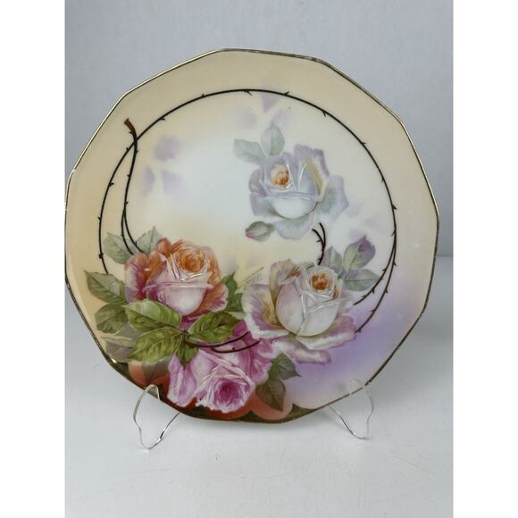 Royal Rudolstadt Prussia Hand Painted Plate Roses Gold rimmed 8.5" - Picture 7 of 9